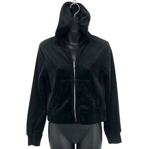 Juicy Couture Women Small S Velour Track Set Hoodie Jacket Pant Black Comfy EUC